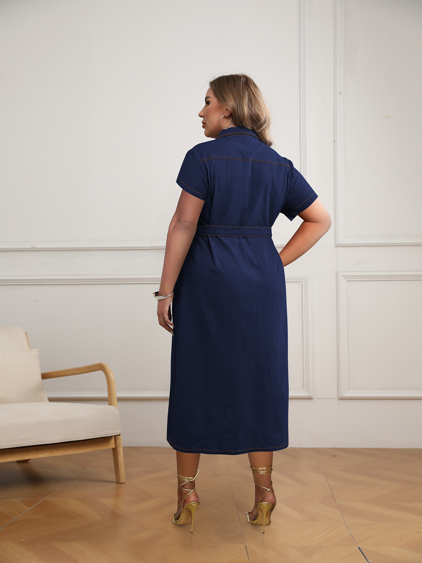 Damen Plus Size Jeans-wickelkleid Mit Gürtel Und A-linien-schnitt_voghion.com