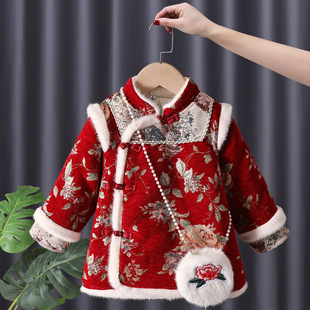 Hanfu New Year Outfit Chinese Style Tang Suit Toddler Winter One-Year-Old Cheongsam Dress New Year Baby Girl Winter Clothing Ethnic Style