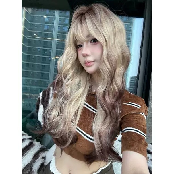 [Siam Long Curly] Mid-Length Water Ripple Atmosphere with Full Bangs and Large Scalp for Girls Full Head Wig for Women