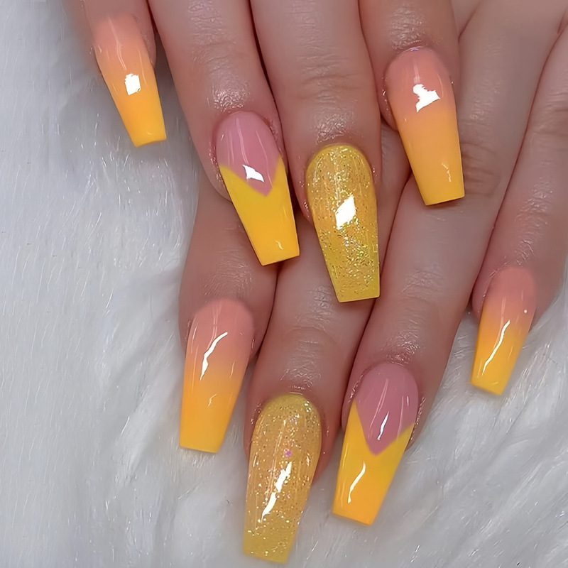 Cross-Border Ins Style Trapezoidal Long Gradient Orange Push-On Manicure Gentle Pure Lust Style Ballet Trapezoidal Fake Nails