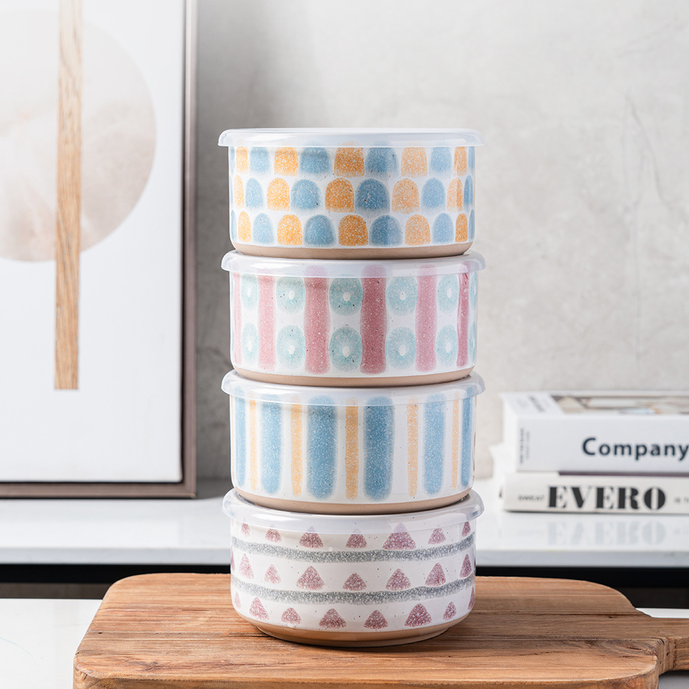 Juego de cuencos de conservación frescos sellados de cerámica, horno microondas, cuencos de regalo de cerámica, cuencos de fideos instantáneos, stock al por mayor