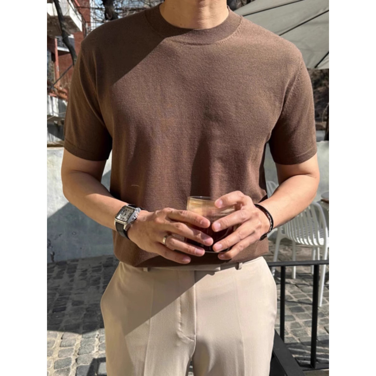 Verano nuevo camiseta de manga corta hombre de color sólido hielo cuello redondo delgado T-shirt de comercio exterior al por mayor transfronterizo