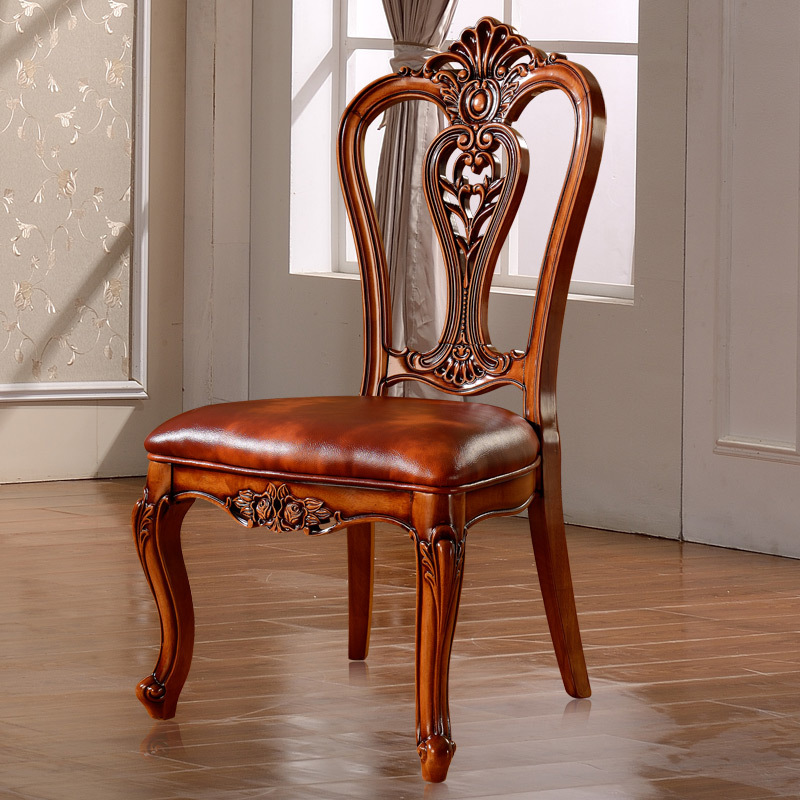 European-style high-end dining chair American luxury leather chair hotel dining chair solid wood oak chair armchair