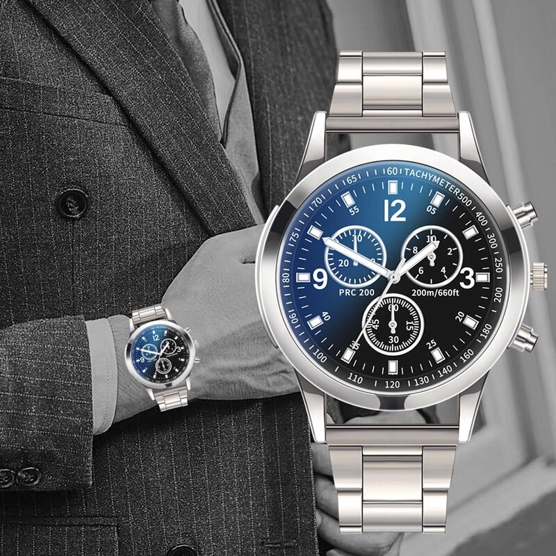 Factory direct colorful blue light glass three-eye steel band watch men's quartz watch gift men's watch wholesale Factory direct colorful blue light glass three-eye steel band watch men's quartz watch gift men's watch wholesale