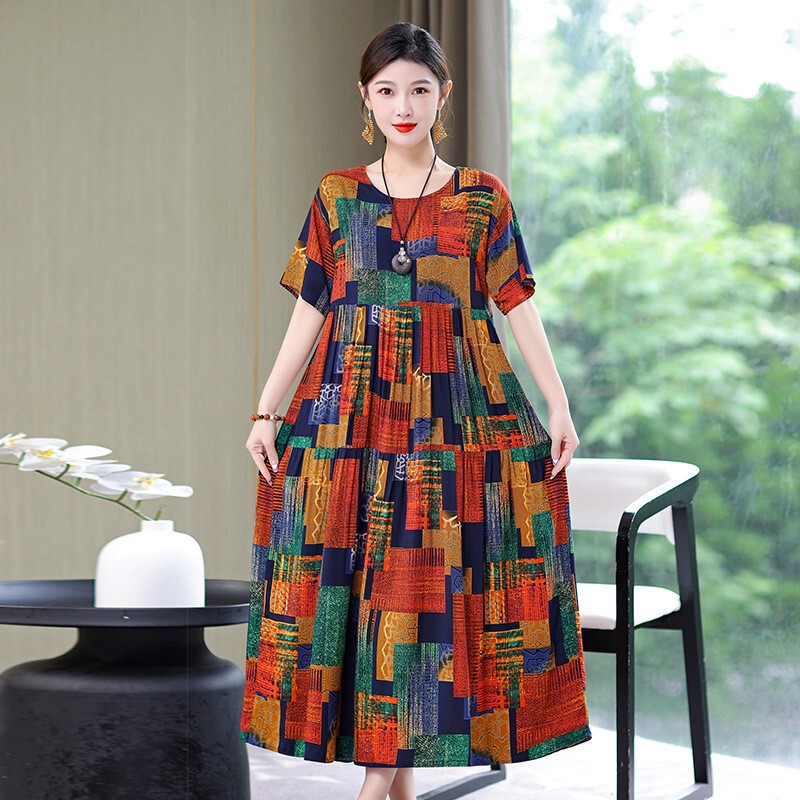 Plus-Size Cotton Silk Dress Nightgown Summer New Ethnic Style Women's Clothing Artistic Retro Printed Short-Sleeve Flared Long Dress