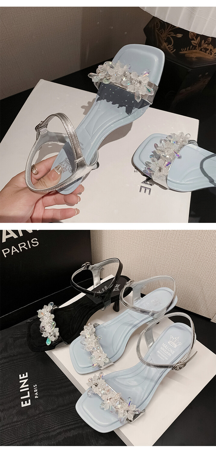 Sandal cao gót nữ mũi nhọn đính cườm da bò, gót nhọn 9 cm — Màu đen, Màu xanh lam chi tiết 2