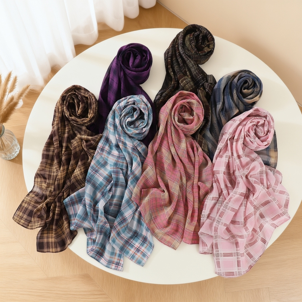 British Plaid Printed Scarf Plaid Chiffon Long Scarf Scarf Headscarf Advanced Beach Scarf Scarf Shawl