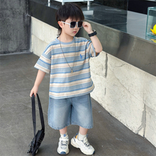夏季男童套装痞帅衣服2026新款儿童条纹短袖T恤牛仔裤两件套时髦