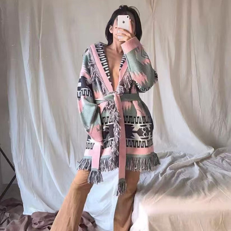 Cross-border autumn and winter heavy-duty Fair Isle argyle jacquard sweater, bohemian ethnic style, fringed mid-length cardigan, thick