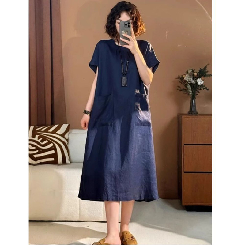 Loose Pocket Design Cotton and Linen Dress for Women, 2026 Summer New Style, Mid-Length, Slimming, Plus Size, Round Neck, Short Sleeves Loose Pocket Design Cotton and Linen Dress for Women, 2026 Summer New Style, Mid-Length, Slimming, Plus Size, Round Neck, Short Sleeves