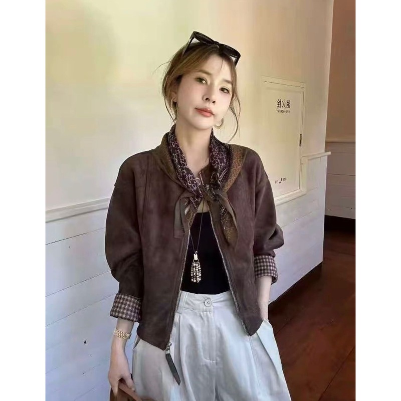 欧货复古丝巾鹿皮绒外套女2025秋季新款时尚设计感格子拼接夹克潮|undefined