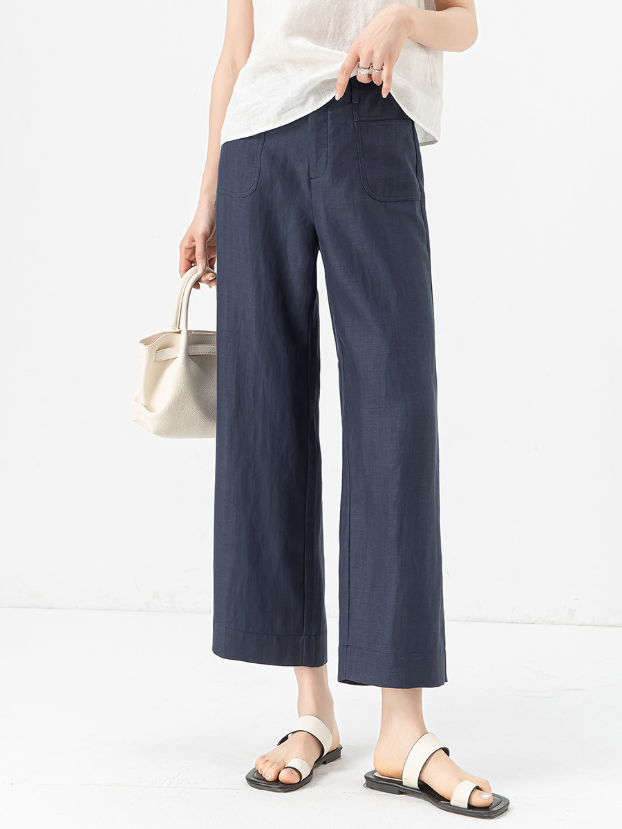 Quần ống rộng Tencel cạp cao dáng suông vải lanh mùa hè — Màu tím-Thông thường (25327)