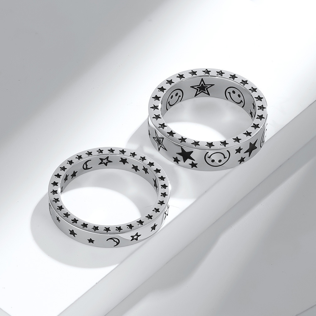 Fashion Geometric Smiley Star Moon Coupleu0027s Stainless Steel Ring