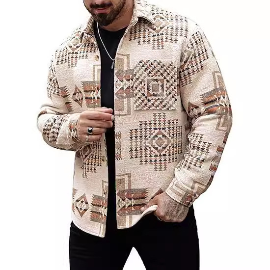 Giacca da uomo casual in cotone stampato con fibbia, manica lunga, colletto ribaltabile, stile western, jacquard, 2024_voghion.com