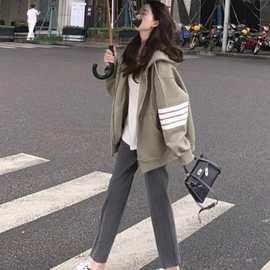 商场专柜灰色连帽卫衣外套女秋冬中长款宽松慵懒风拉链开衫上衣潮