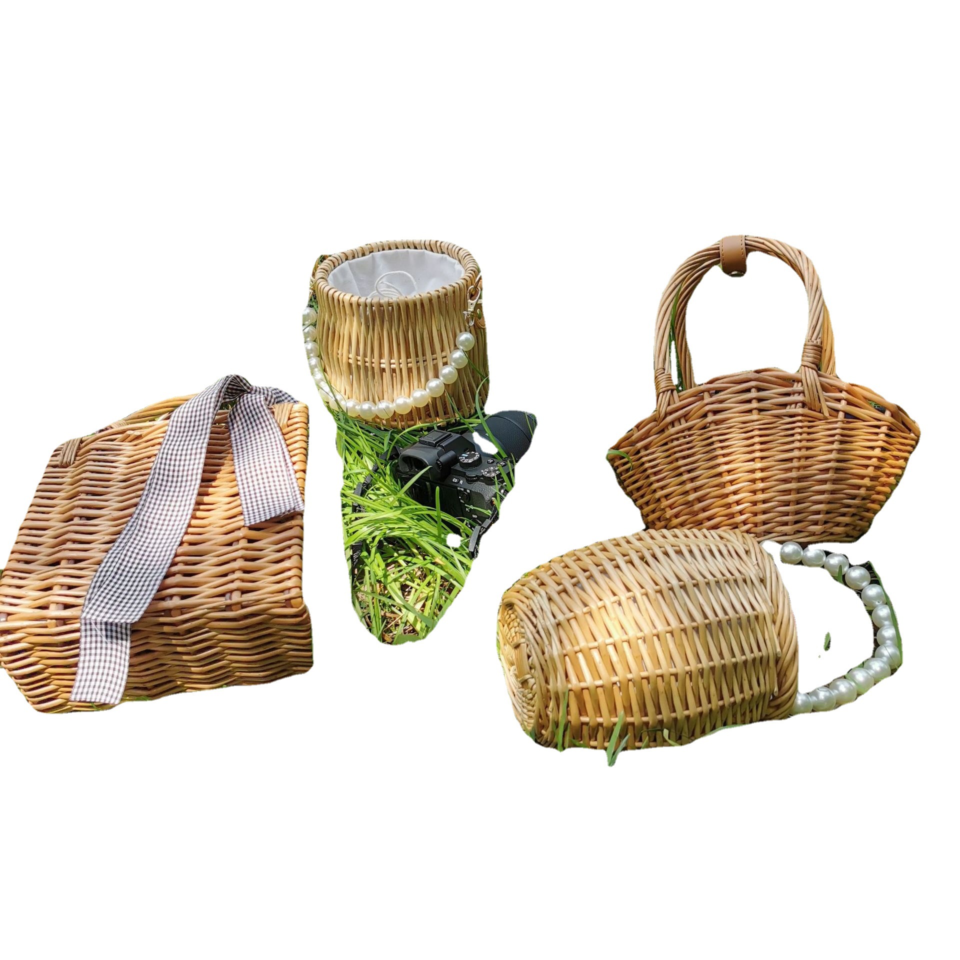 Handmade Rattan Woven Shoulder Bag With Leather Trim And Handle_voghion.com