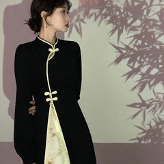 新中式复古改良旗袍女秋冬暗纹提花修身显瘦优雅大摆长袖连衣裙