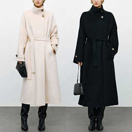 25冬季新款立领双面羊毛大衣女系带中长款收腰过膝毛呢外套25595