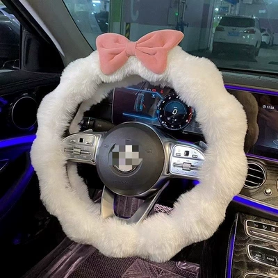 Women's High-End Cute Bowknot, Steering wheel cover - white-pink-bow-38cm