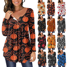 亚马逊时尚爆品 女士万圣节印花长袖T恤上衣 欧美亚马逊直销新款