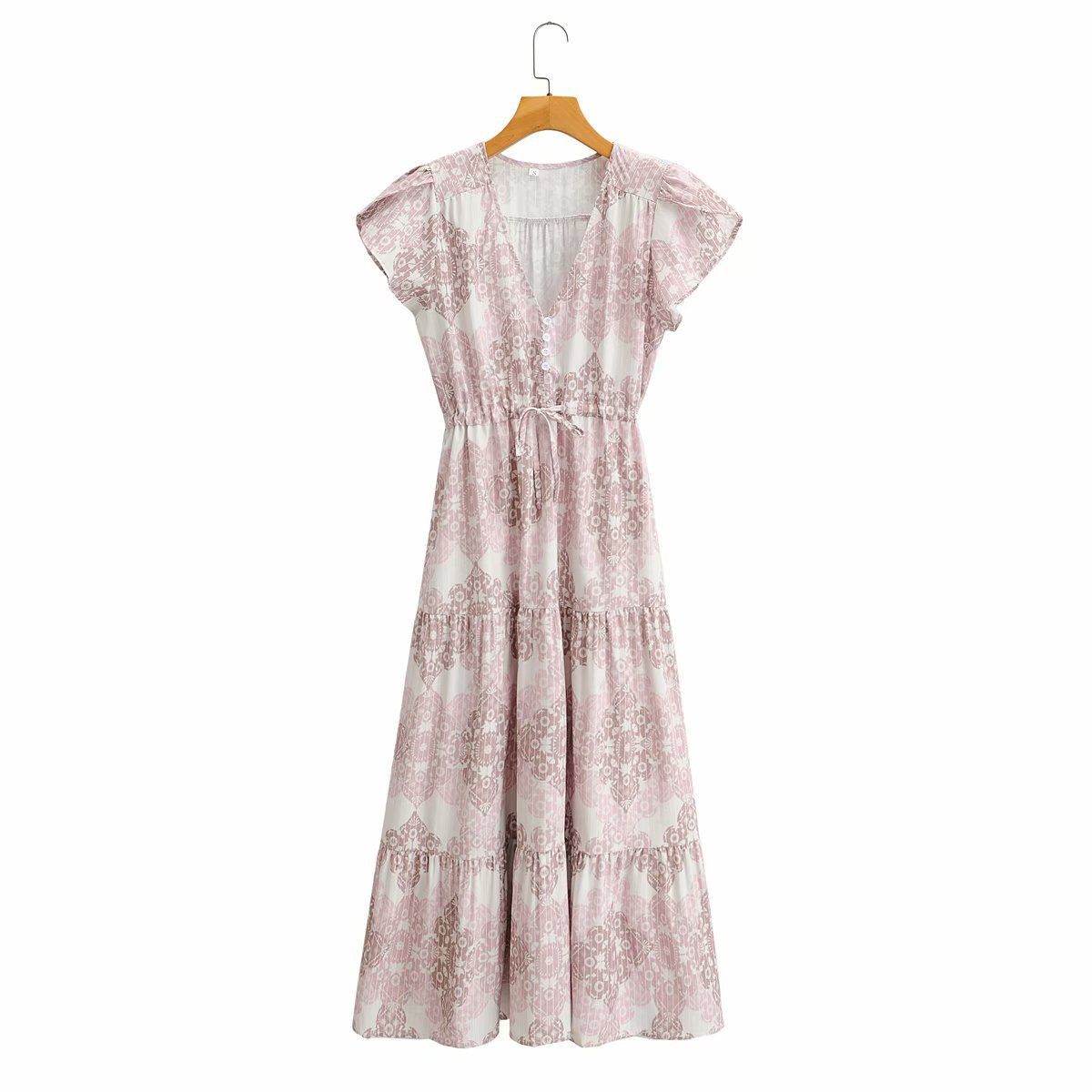 V-neck drawstring printing dress NSAM29250