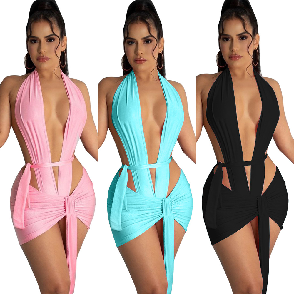 V-Neck Tie Bodysuit 2 Piece Set NSTYF72882