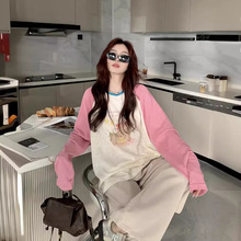 韩版甜酷风粉色兔子印花长袖T恤女夏季新款拼接撞色插肩袖防晒衣