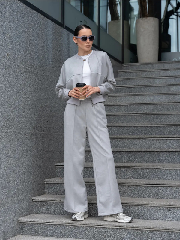 亚马逊跨境休闲欧美纯色拉链开衫女士卫衣套装松紧直筒裤二件套女|undefined