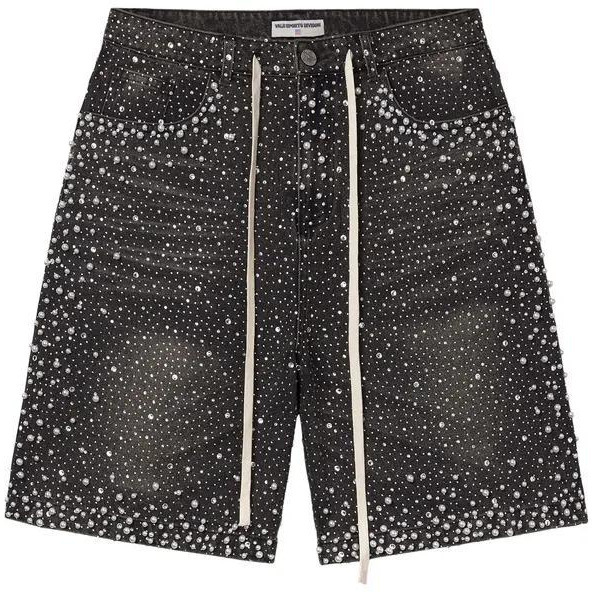 Cross-Border Rhinestone-Embellished Denim Shorts, European and American Heavy-Duty Vintage-Style Loose Straight-Leg Knee-Length Shorts, Street Style