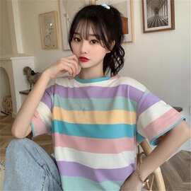 慵懒风宽松超火cec短袖t恤女条纹彩虹ins洋气怪味学生丧系上衣服