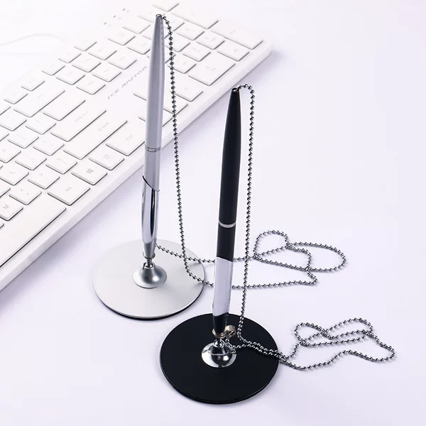 In stock metal base bead chain desk pen Hotel bank front desk ballpoint pen printable logo metal gift desk pen