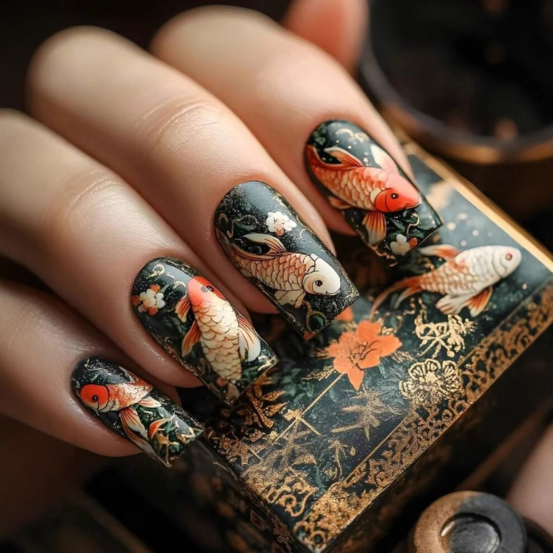 European-Style Red Koi National Style Wearable Nails Black Gold Embroidered Goldfish Fake Nails Black Fish Pattern Manicure