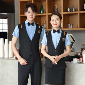 餐厅咖啡店KTV桌球台球服务员酒店长袖工作服假两件马甲制服短袖
