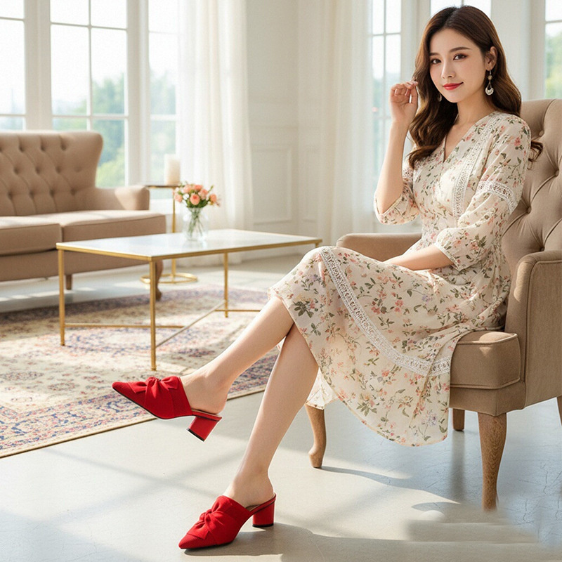 669-2 Commuting Ladylike Style Knitted Mules, Pointed Toe, Empty Back, 5cm High Heels, Slimming Look and Elegant Women's Shoes