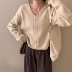 复古麻花上衣V领针织衫女秋冬存款慵懒风韩版法式宽松短款毛衣潮