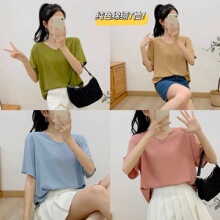棉绸睡衣女士夏季纯色短袖绵绸V领T恤上衣大码人造棉家居服新款
