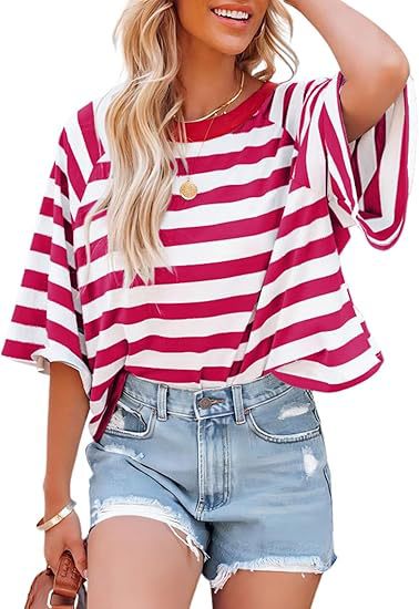 Verano nuevo 2025 transfronterizo Europa y América Amazon rayas de manga corta camiseta de cuello redondo casual suelta camiseta de mujer