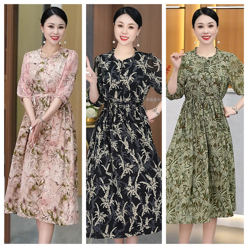 New Style Mom Dress, Summer Style, Slimming, Mid-Sleeve, Printed, Over-The-Knee Long Dress for Women New Style Mom Dress, Summer Style, Slimming, Mid-Sleeve, Printed, Over-The-Knee Long Dress for Women