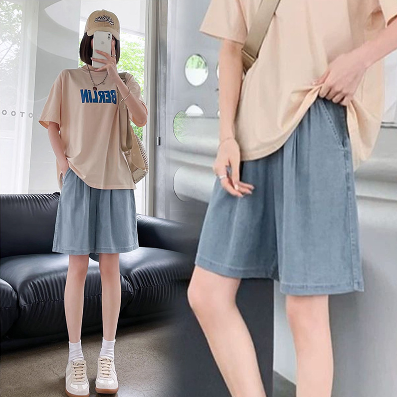 Maternity Tencel Denim Shorts for Summer, Thin Mid-Length Pants, Ice Silk Wide-Leg Pants for Petite Women Maternity Tencel Denim Shorts for Summer, Thin Mid-Length Pants, Ice Silk Wide-Leg Pants for Petite Women
