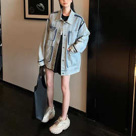 十三行重工水洗牛仔外套女春秋 对点缝合四袋宽松休闲上衣