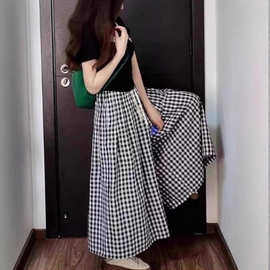 2025年大码胖MM格子裤裙女夏季薄款高腰百搭阔腿百搭显瘦9分裙裤