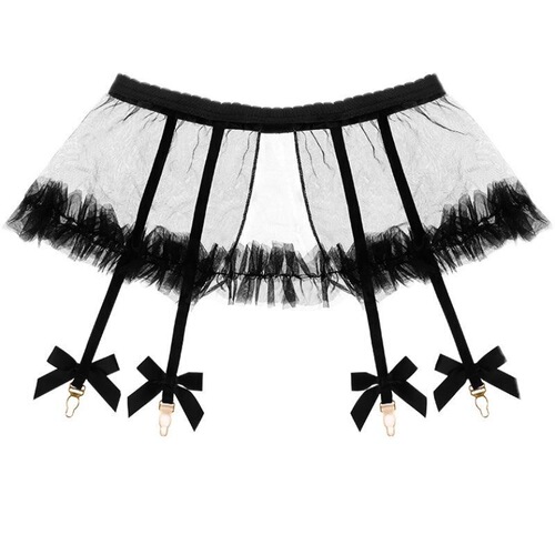 Sexy lingerie women's sexy transparent temptation mesh puffy skirt with back slit garter belt long fishnet stockings on behalf of