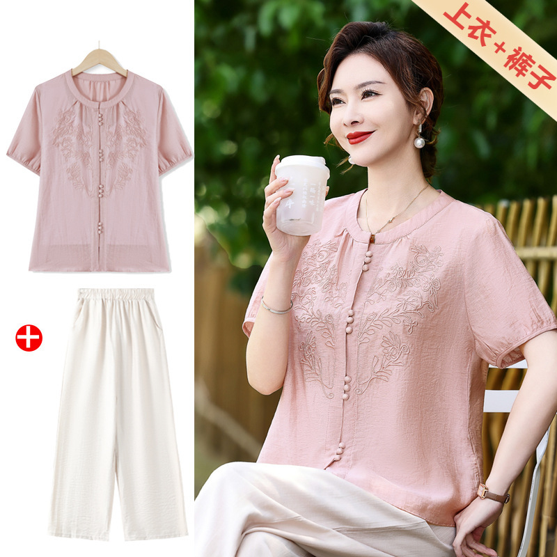 Mother's Summer New Chinese Style suit Stylish V-neck Shirt Middle-aged and Elderly Women's Summer Loose Antique Small Shirt