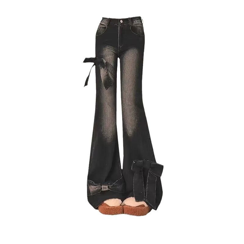 Yabifeng High Waist Slim Look Straight American Style Vintage Spice Girl Micro-Lar Jeans Women's Y2K Bow Trousers
