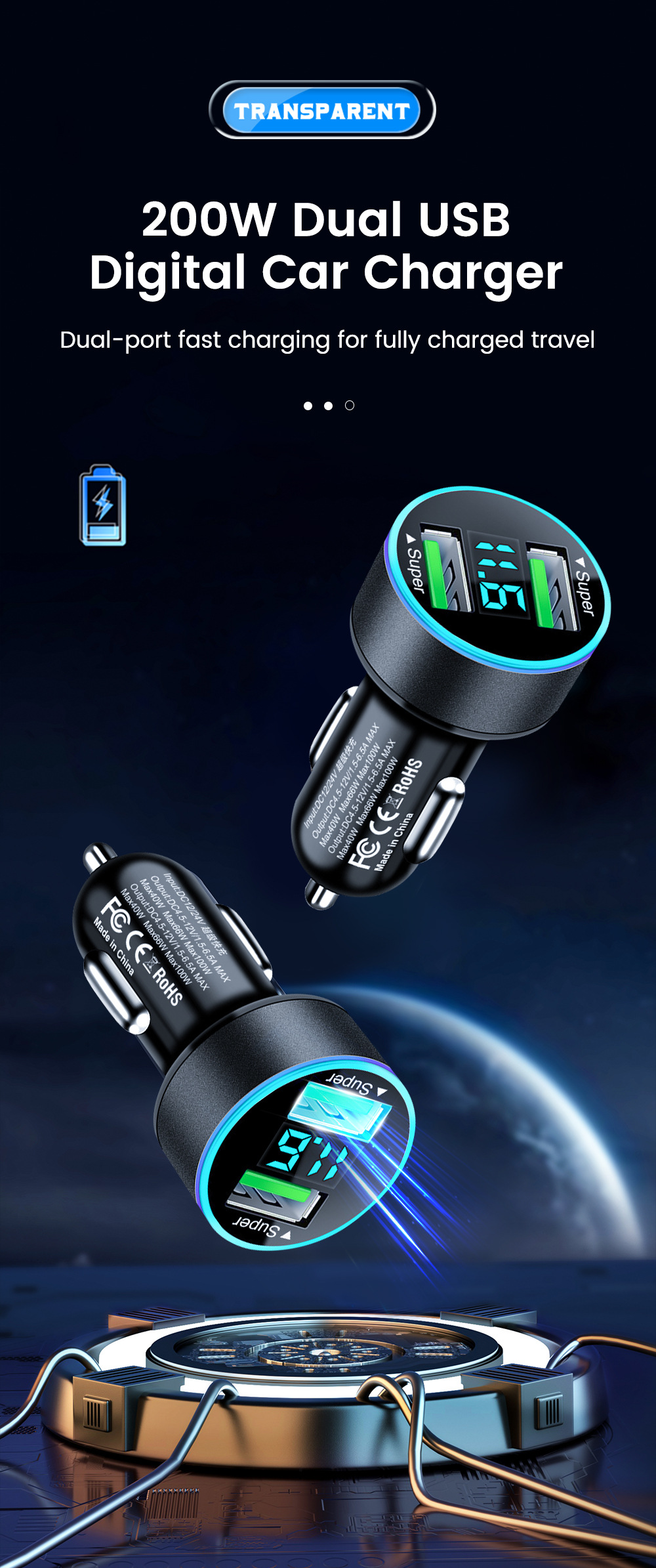 Multi-port with digital display support super fast charging 6/8 port with voltage vehicle-mounted one-to-six/8-car fast charging cross-border