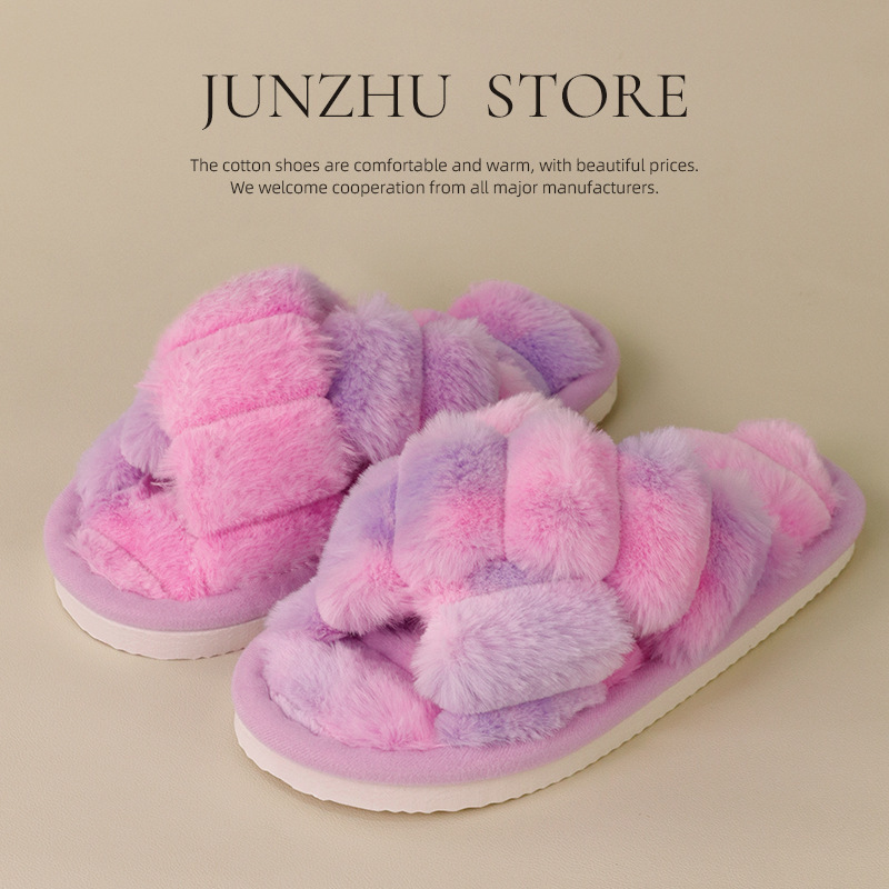 Cross-Border Popular Furry Slippers for Women, Autumn and Winter Outdoor Wear, Non-Slip Indoor Thick-Soled Plush Fluffy Maternity Cotton Slippers