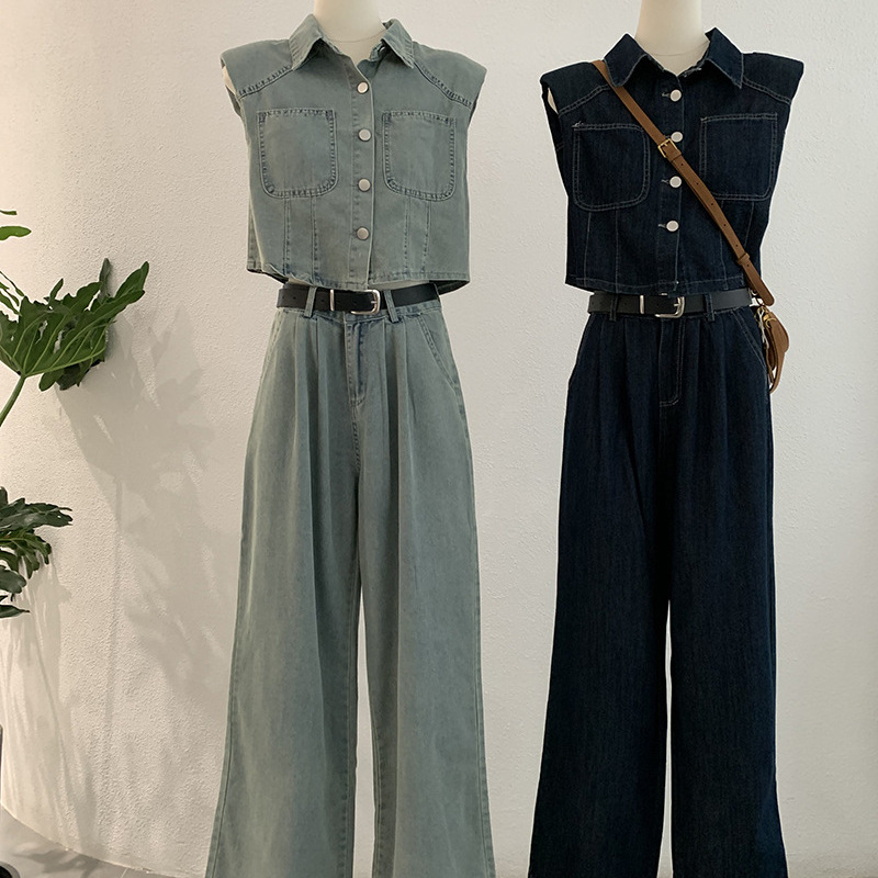 Omalai Hong Kong Style Retro Denim Suit Summer New Sleeveless Polo Collar Shirt Straight Wide Leg Pants 3831