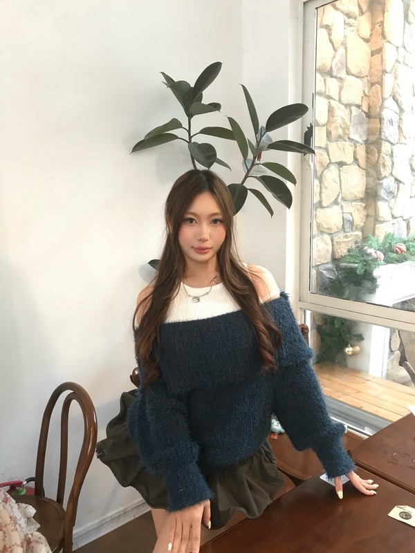 韩国东大门modimood一字肩露锁骨针织毛绒背心套装毛衣休闲百搭女|undefined