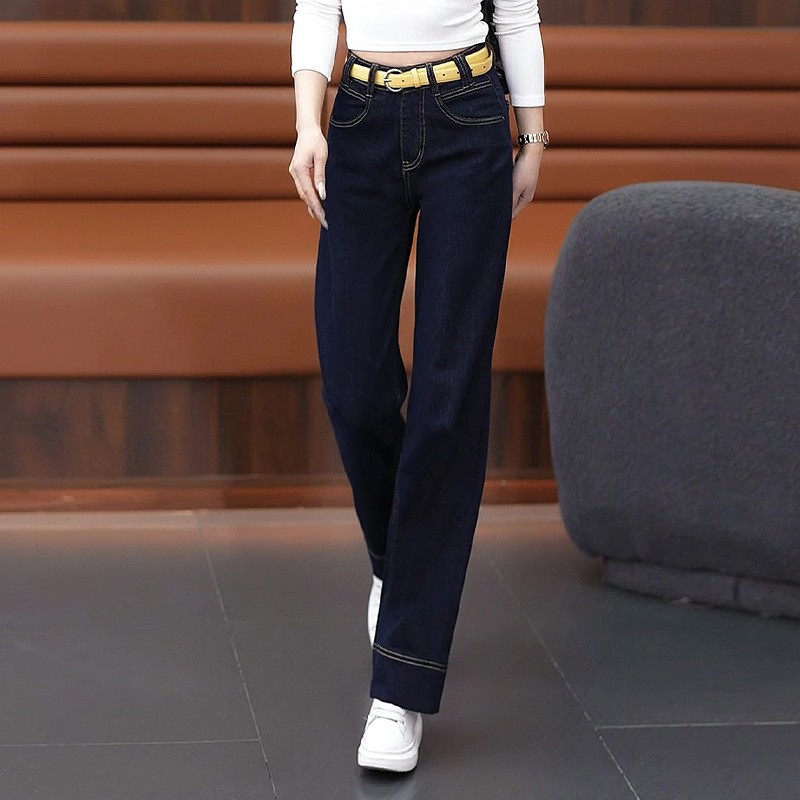 深蓝色窄版阔腿牛仔裤女春季2025新款高腰显瘦时尚宽松直筒裤子