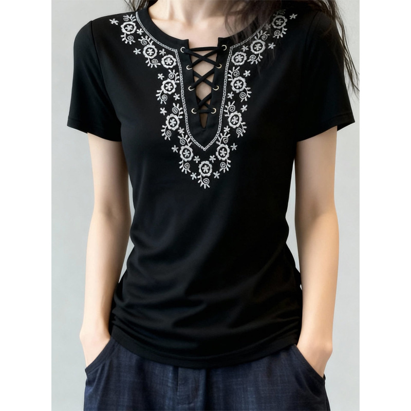 Áo nữ tay ngắn cổ tròn phong cách Bohemian thêu họa tiết, dáng rộng thoáng mát — màu đen chi tiết 1